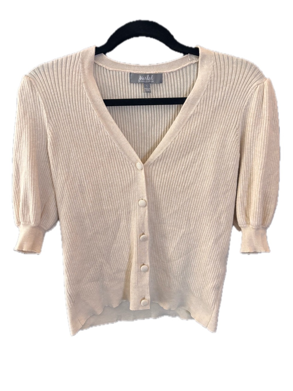 Marled Cream Ribbed V-Neck Button Cardigan with Puff Sleeves